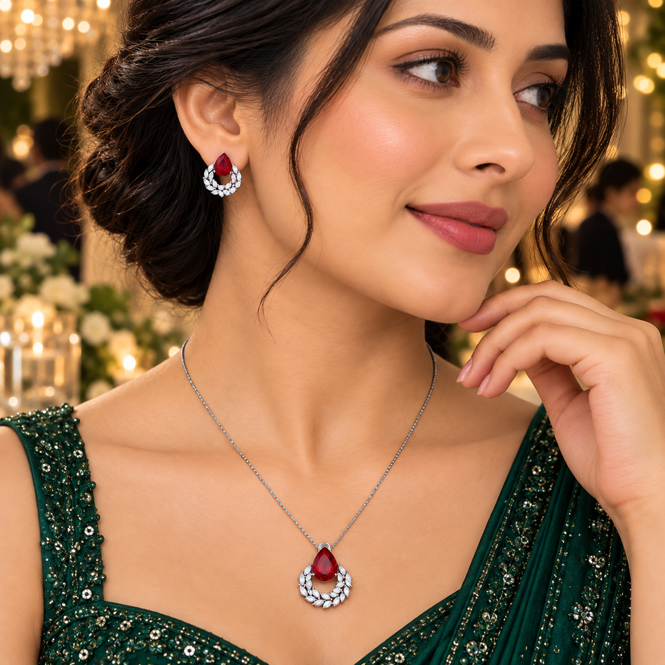 Rhodium Plated Teardrop Floral Leaf Pattern Necklace Set