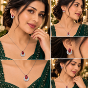 Rhodium Plated Teardrop Floral Leaf Pattern Necklace Set