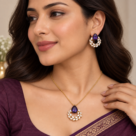 Purple Teardrop Gemstone Floral Leaf Pattern Set