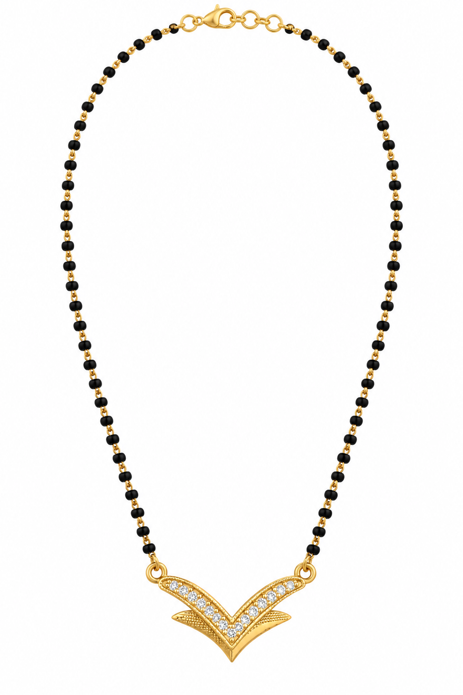 Gold Plated Sparkling Stone Pendant & V-Shaped Chevron Pattern Designer Mangalsutra