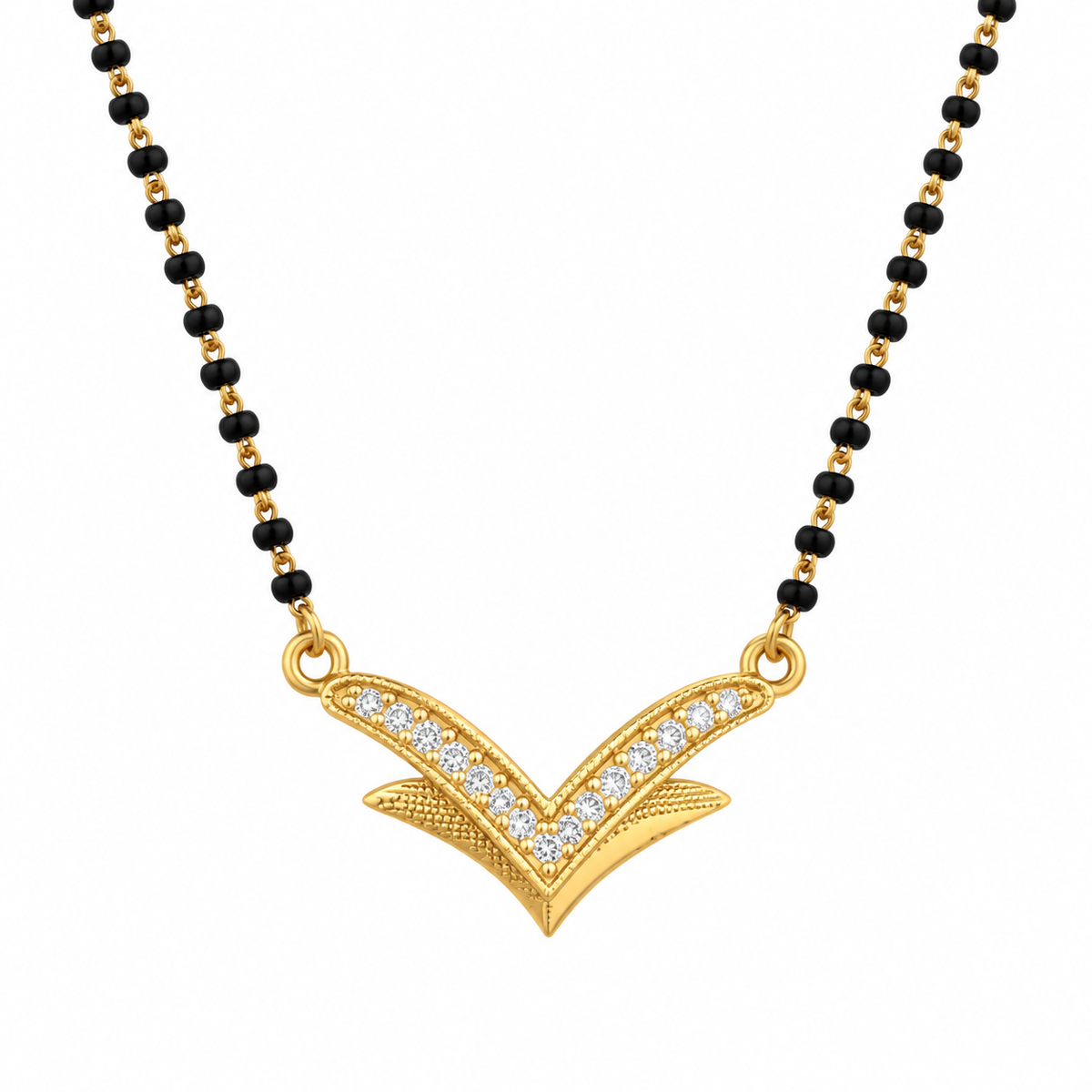 Gold Plated Sparkling Stone Pendant & V-Shaped Chevron Pattern Designer Mangalsutra