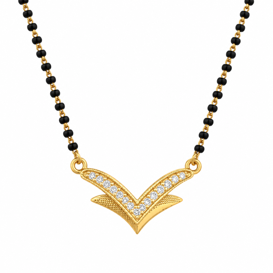 Gold Plated Sparkling Stone Pendant & V-Shaped Chevron Pattern Designer Mangalsutra