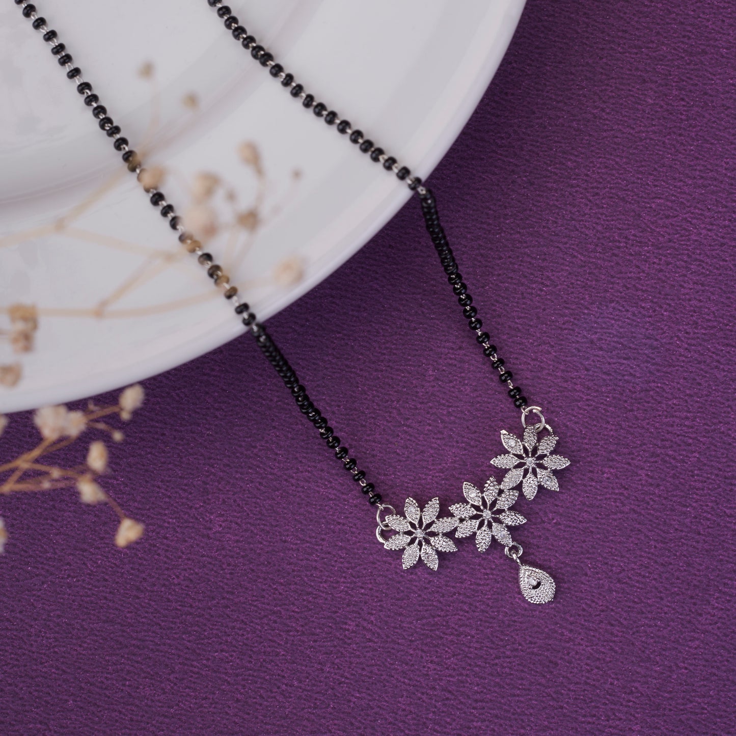 Glamorous Floral White Rhodium Mangalsutra - Opal Touch