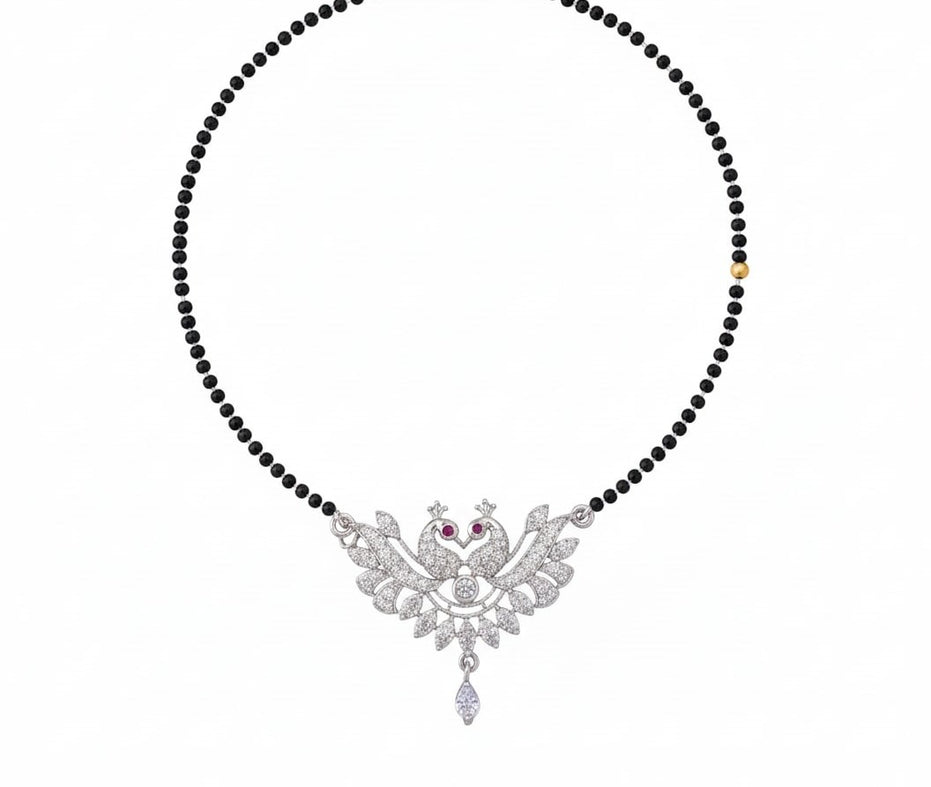 Rhodium Plated Floral Leaf Pattern & CZ Stone Studded Pendant Peacock Designer Mangalsutra