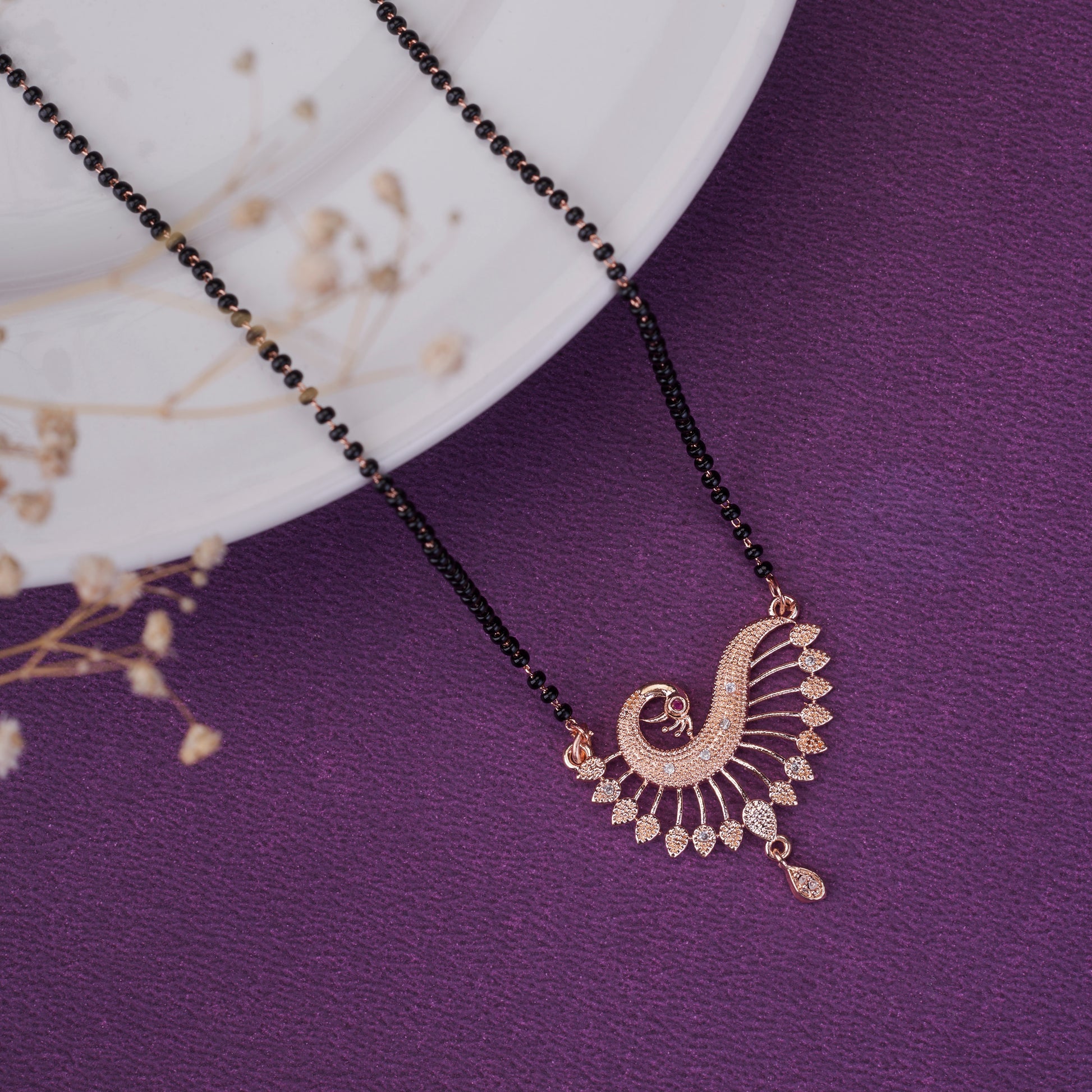 Opulent Rose Gold Feather Mangalsutra - Opal Touch