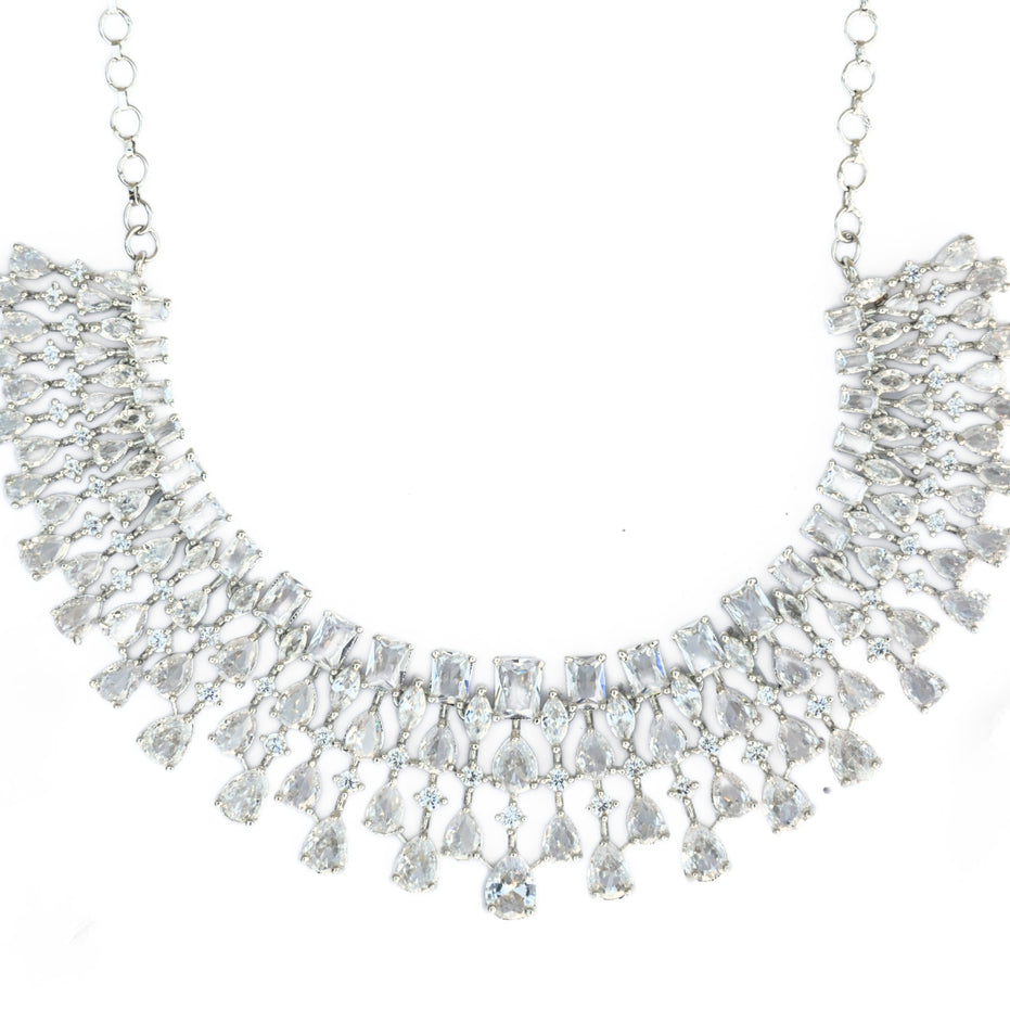 American Diamond Necklace Set with Cascading Teardrop and Marquise Stone Pattern