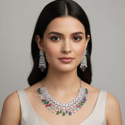 American Diamond Necklace Set with Cascading Teardrop and Marquise Stone Pattern