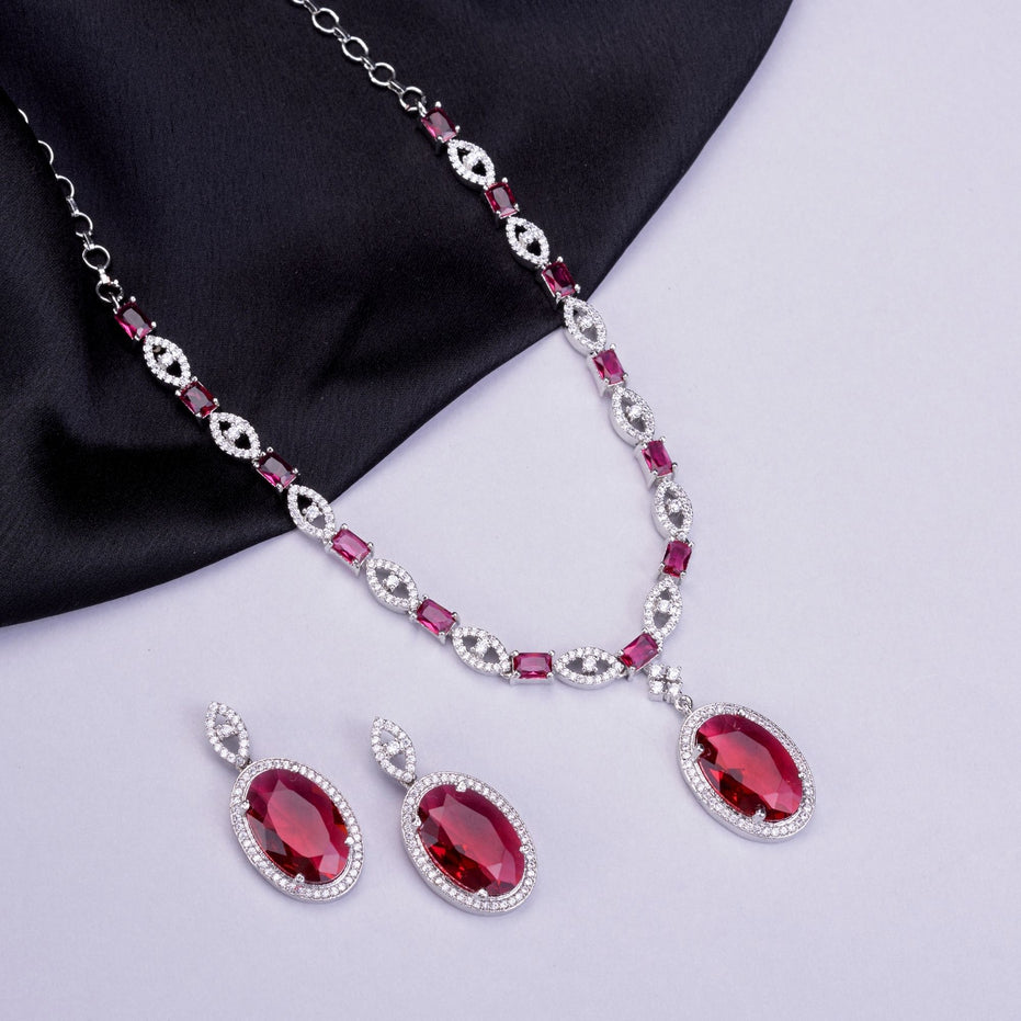 Rhodium Plated AD Necklace Set with Oval Halo Pendant and Matching Earrings