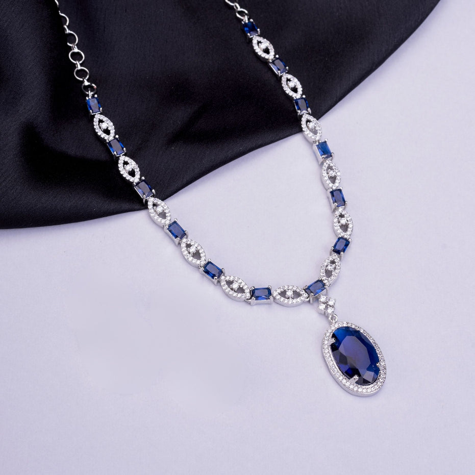 Rhodium Plated AD Necklace Set with Oval Halo Pendant and Matching Earrings