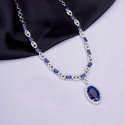 Rhodium Plated AD Necklace Set with Oval Halo Pendant and Matching Earrings