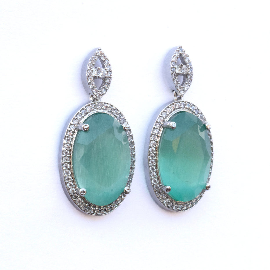 Rhodium Plated AD Necklace Set with Oval Halo Pendant and Matching Earrings