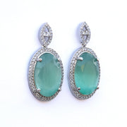 Rhodium Plated AD Necklace Set with Oval Halo Pendant and Matching Earrings