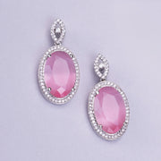 Rhodium Plated AD Necklace Set with Oval Halo Pendant and Matching Earrings