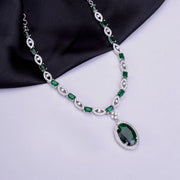 Rhodium Plated AD Necklace Set with Oval Halo Pendant and Matching Earrings