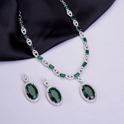 Rhodium Plated AD Necklace Set with Oval Halo Pendant and Matching Earrings
