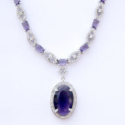 Rhodium Plated AD Necklace Set with Oval Halo Pendant and Matching Earrings