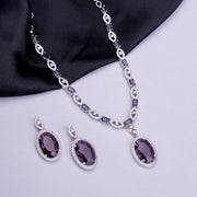 Rhodium Plated AD Necklace Set with Oval Halo Pendant and Matching Earrings
