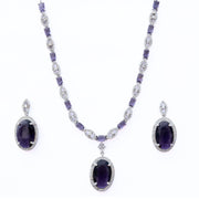 Rhodium Plated AD Necklace Set with Oval Halo Pendant and Matching Earrings