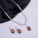 Rhodium Plated AD Necklace Set with Oval Halo Pendant and Matching Earrings