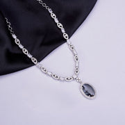 Rhodium Plated AD Necklace Set with Oval Halo Pendant and Matching Earrings