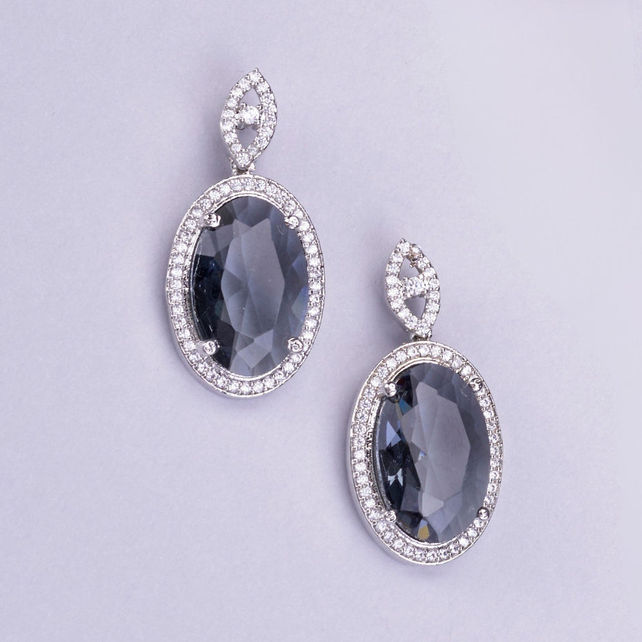 Rhodium Plated AD Necklace Set with Oval Halo Pendant and Matching Earrings