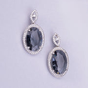 Rhodium Plated AD Necklace Set with Oval Halo Pendant and Matching Earrings