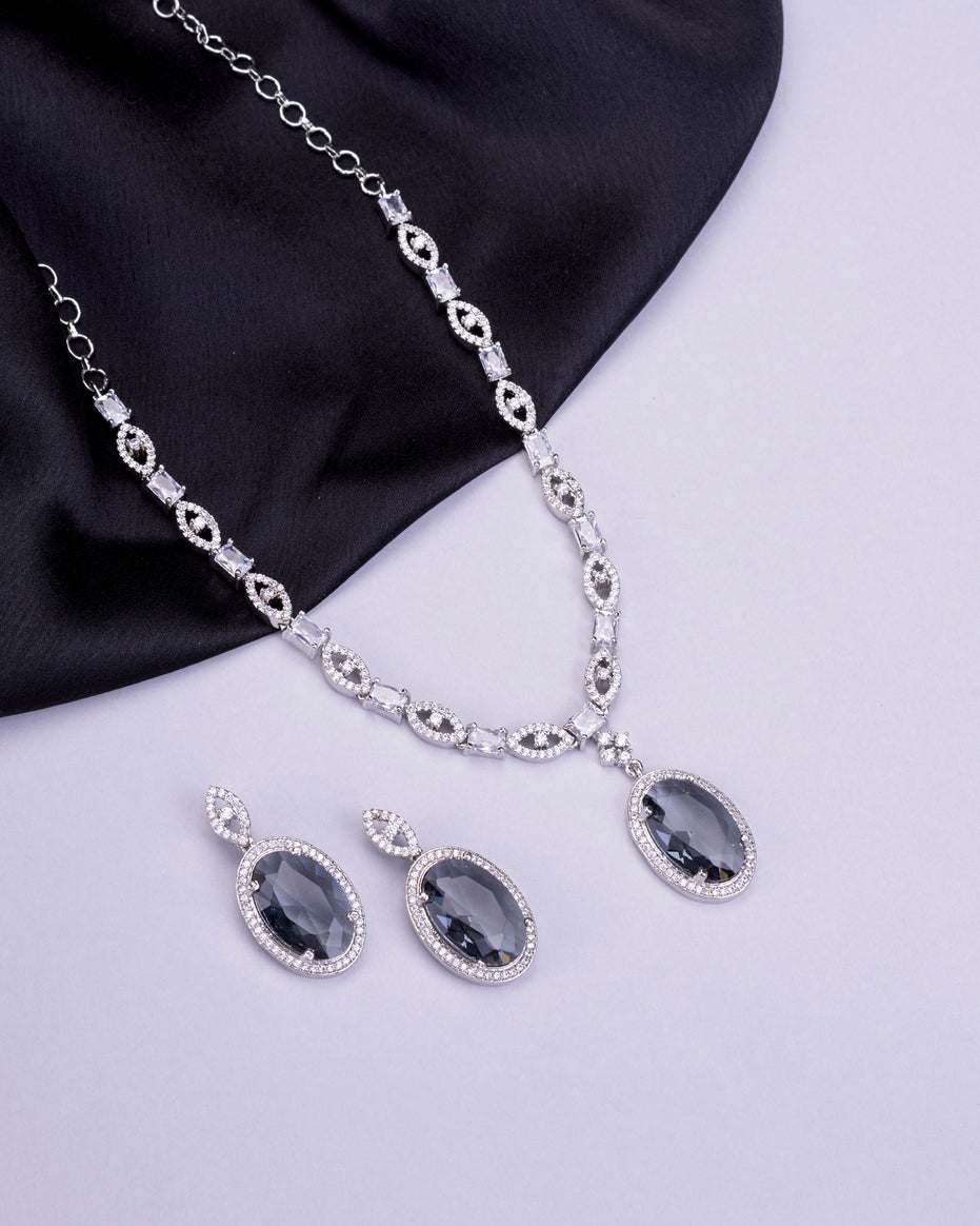 Rhodium Plated AD Necklace Set with Oval Halo Pendant and Matching Earrings