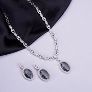 Rhodium Plated AD Necklace Set with Oval Halo Pendant and Matching Earrings