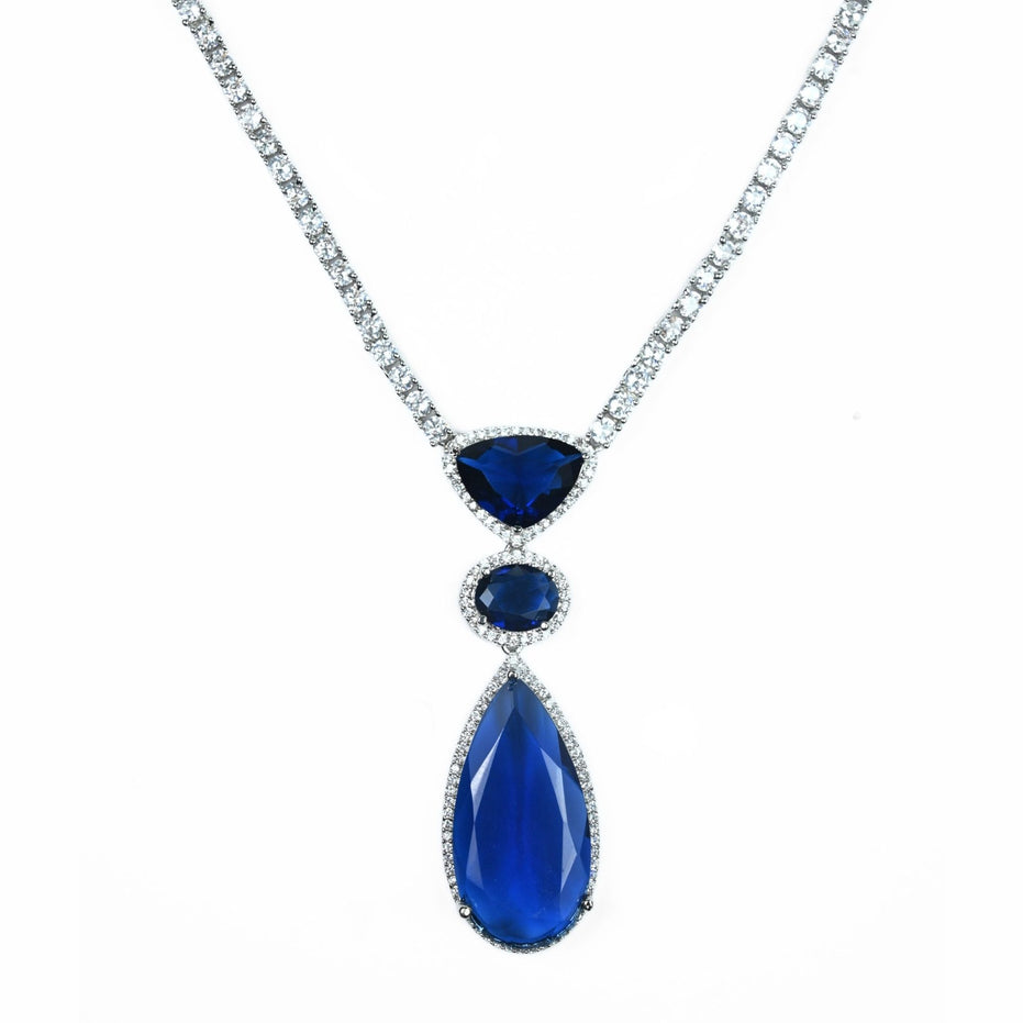 Rhodium Plated AD Necklace Set with Geometric Centre Stone and Teardrop Pendant Earrings