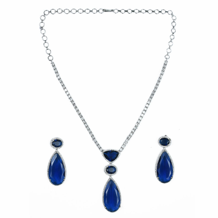 Rhodium Plated AD Necklace Set with Geometric Centre Stone and Teardrop Pendant Earrings