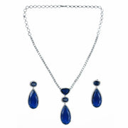 Rhodium Plated AD Necklace Set with Geometric Centre Stone and Teardrop Pendant Earrings