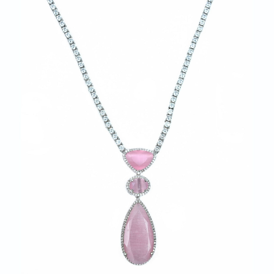 Rhodium Plated AD Necklace Set with Geometric Centre Stone and Teardrop Pendant Earrings