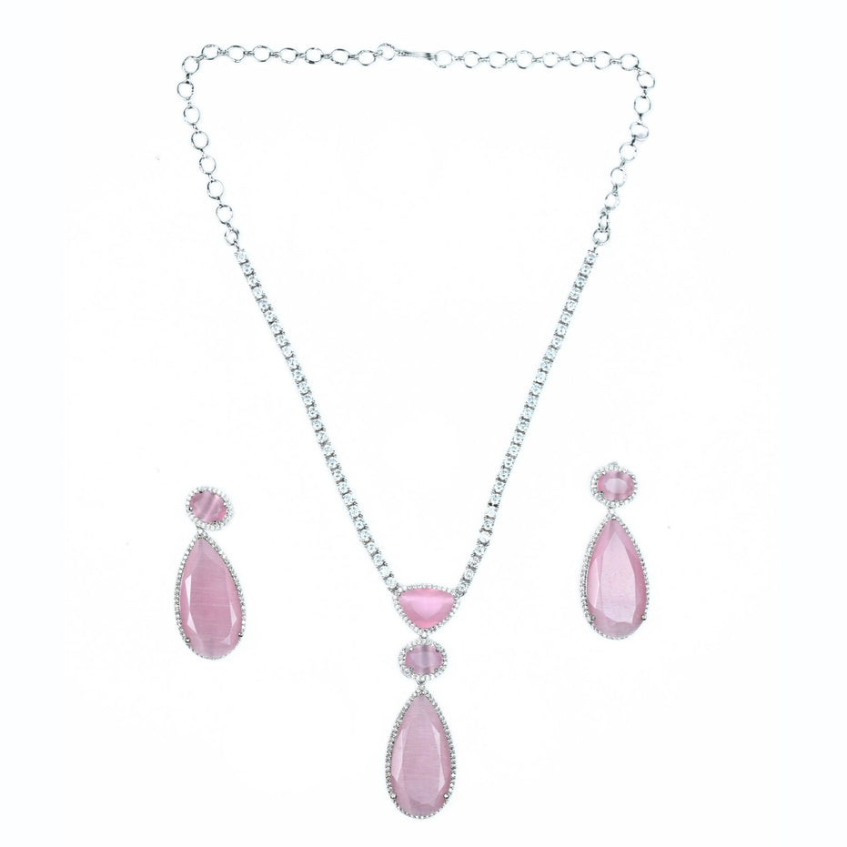 Rhodium Plated AD Necklace Set with Geometric Centre Stone and Teardrop Pendant Earrings