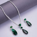 Rhodium Plated AD Necklace Set with Geometric Centre Stone and Teardrop Pendant Earrings