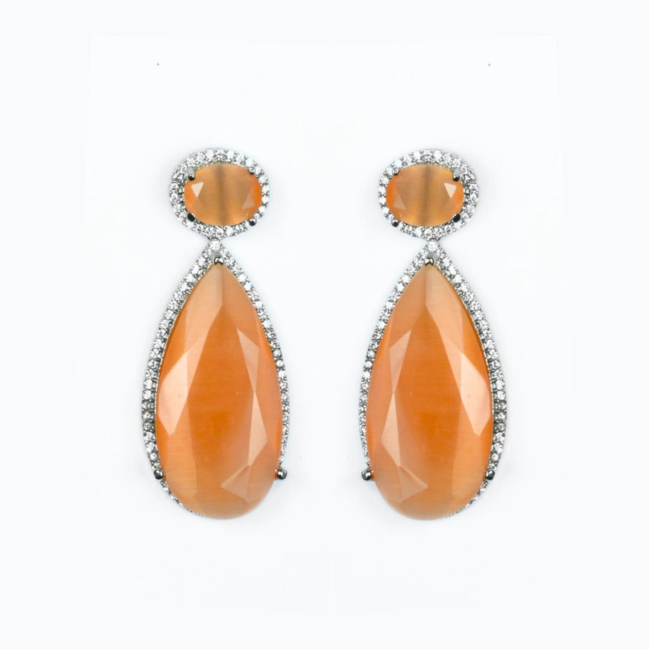 Rhodium Plated AD Necklace Set with Geometric Centre Stone and Teardrop Pendant Earrings