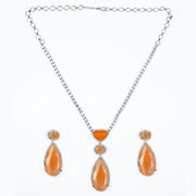 Rhodium Plated AD Necklace Set with Geometric Centre Stone and Teardrop Pendant Earrings