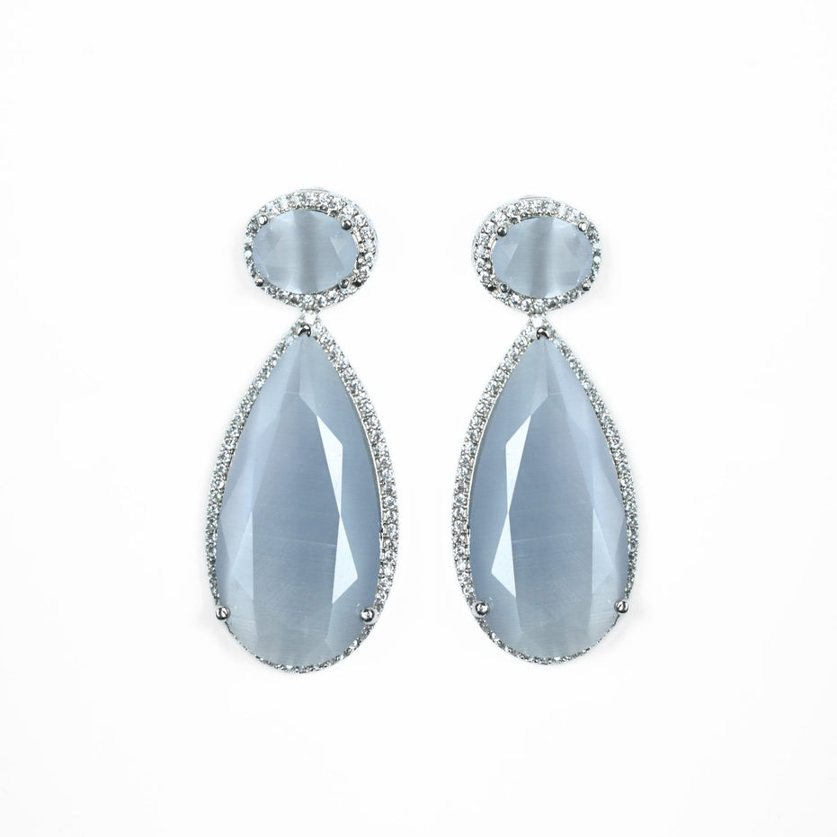 Rhodium Plated AD Necklace Set with Geometric Centre Stone and Teardrop Pendant Earrings