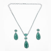Rhodium Plated AD Necklace Set with Geometric Centre Stone and Teardrop Pendant Earrings