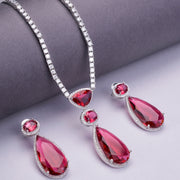 Rhodium Plated AD Necklace Set with Geometric Centre Stone and Teardrop Pendant Earrings