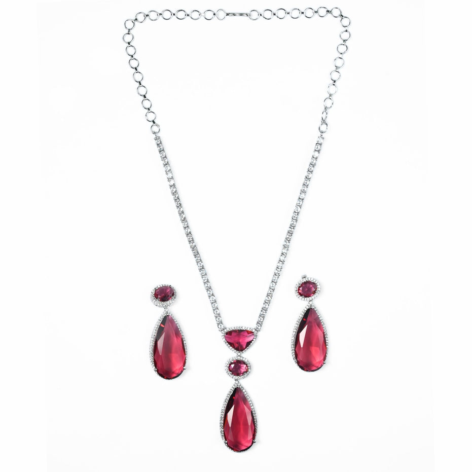 Rhodium Plated AD Necklace Set with Geometric Centre Stone and Teardrop Pendant Earrings