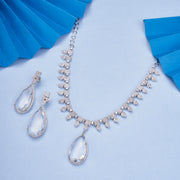 Rhodium Plated Designer Teardrop Pendant & Matching Earrings, with Leaf Drop Pattern, Necklace Set