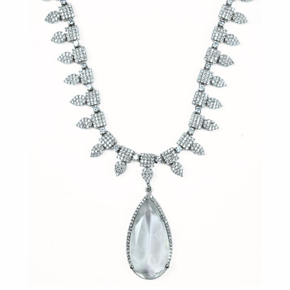 Rhodium Plated Designer Teardrop Pendant & Matching Earrings, with Leaf Drop Pattern, Necklace Set