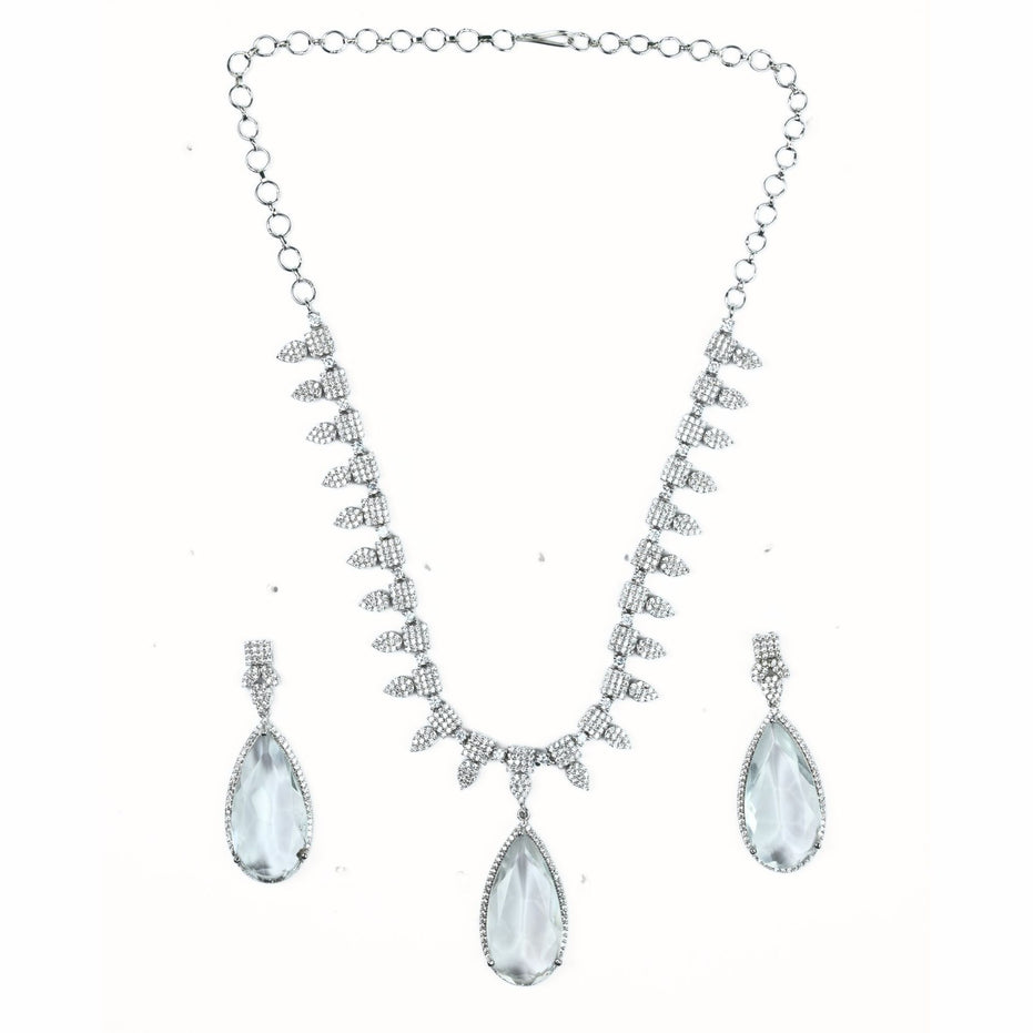 Rhodium Plated Designer Teardrop Pendant & Matching Earrings, with Leaf Drop Pattern, Necklace Set