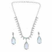 Rhodium Plated Designer Teardrop Pendant & Matching Earrings, with Leaf Drop Pattern, Necklace Set