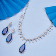 Rhodium Plated Designer Teardrop Pendant & Matching Earrings, with Leaf Drop Pattern, Necklace Set