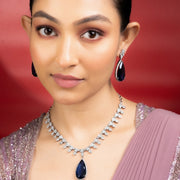 Rhodium Plated Designer Teardrop Pendant & Matching Earrings, with Leaf Drop Pattern, Necklace Set
