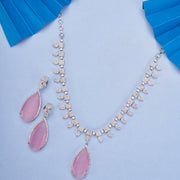 Rhodium Plated Designer Teardrop Pendant & Matching Earrings, with Leaf Drop Pattern, Necklace Set