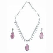 Rhodium Plated Designer Teardrop Pendant & Matching Earrings, with Leaf Drop Pattern, Necklace Set