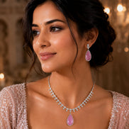 Rhodium Plated Designer Teardrop Pendant & Matching Earrings, with Leaf Drop Pattern, Necklace Set