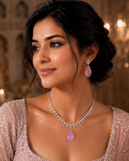 Rhodium Plated Designer Teardrop Pendant & Matching Earrings, with Leaf Drop Pattern, Necklace Set
